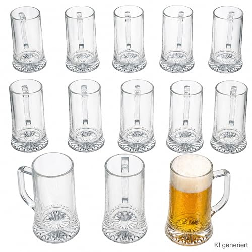 MamboCat Akki - Set di 12 boccali da birra da 0,4 l, altezza 15,7 cm, per 12 persone, in vetro con fondo a stella e manico, bicchieri da birra trasparenti da 400 ml, per feste