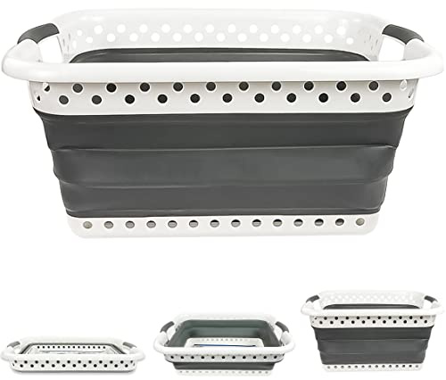 67L Large Folding Laundry Basket - Foldable Pop Up Storage Organizer, Collapsible for House and Clothes Bedrooms Laundry Baskets and Room Bathroom (Rectangular) White, Grey