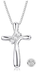 FUNRUN JEWELRY 925 Sterling Silver Cross Necklace for Women 3-Stone Cubic Zirconia Silver Cross Pendant Necklaces with 1MM Box Chain,18 Inches