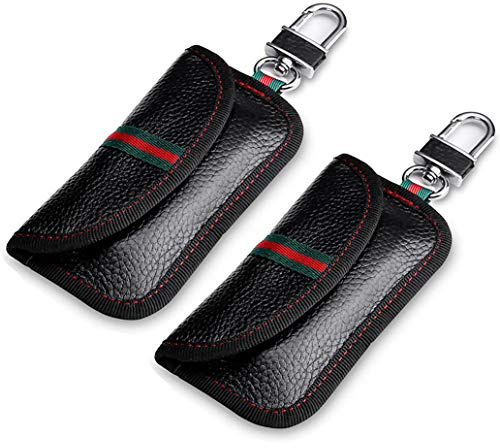 VAWcornic 2 pezzi mini RFID borsa Faraday, Vera Pelle Di Vacchetta Mini borsa per blocco segnale chiave auto,Segnale bloccato al 100% Blocca i segnali delle auto clonato,Piccola auto antifurto - Nero