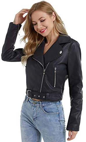 DIASHINY veste en similicuir noir pour femme avec ceinture PU recadrée Moto Biker manteau moto Crop veste courte 036 M