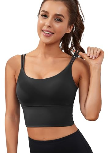 Everrysea Sports Bras for Women High Support Longline Workout Tank Tops Built in Bra Strappy Yoga Padded Crop Top Black