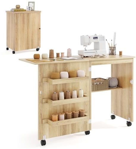GIANTEX Nähtisch klappbar, Nähmaschinentisch auf Rollen, Nähtisch für Nähmaschine, Nähschrank Holz, Mehrzwecktisch für Wohnzimmer Arbeitszimmer Schlafzimmer (Natur)