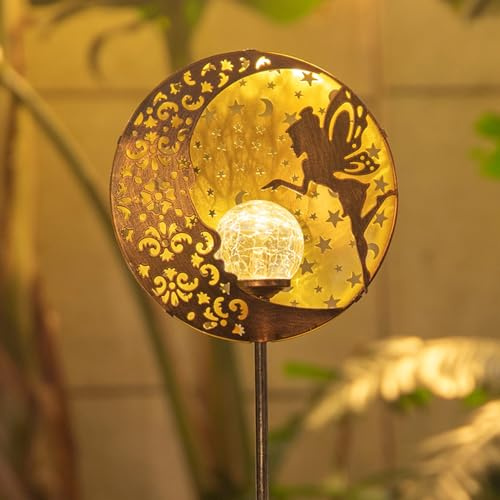 Tryme Solar Fairy Garden Lights - Moon Star Glass Globe Pathway Stake, Waterproof Outdoor Decorative Lights for Patio, Yard, Lawn