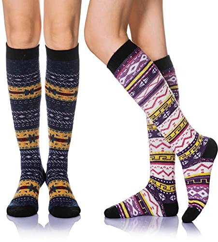Eyean Women's Knee High Wool Socks Winter Thick Thermal Soft Comfy Over Knee Long High Socks 2 Pairs (Retro B)