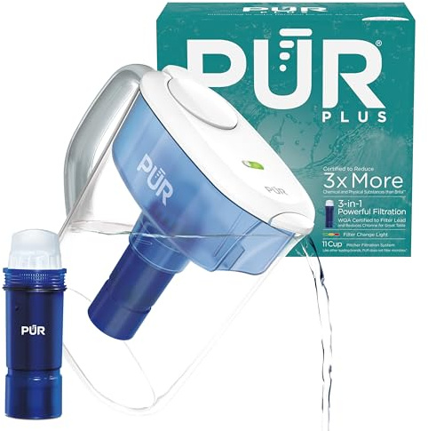 PUR PLUS 11-Cup Water Filter Pitcher with 1 Lead-Reducing PUR Plus Filter, Dishwasher Safe, Powerful Filtration, Filter Change Indicator Light, White, PPT111W