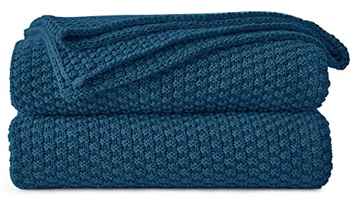 Longhui sängkläder blå stickad filt för soffa – mjuk, mysig maskintvättbar 100% bomull soffa stickade filtar, tung 1,4 kg vikt, 130 x 150 cm, blå och vit färg.