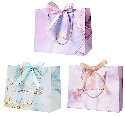 3 Stück Geschenktüten mit Henkel, 25× 20× 12cm Geschenktaschen Papiertüten mit Schleifenbändern Geschenktüten Geburtstag Groß(Blau, Rosa, Lila)