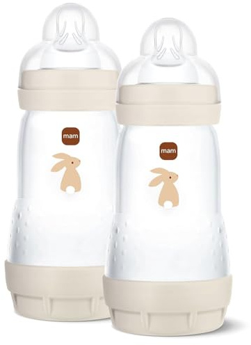 MAM Easy Start Anti-Colic Babyflasche im 2er-Set (260 ml), Milchflasche mit innovativem Bodenventil gegen Koliken, Baby Trinkflasche mit Sauger Größe 1, ab der Geburt, Uni Mix
