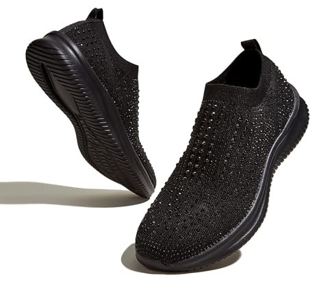 LUCKY STEP Damen-Laufschuhe mit Strass-Mesh zum Hineinschlüpfen, Modisch, Atmungsaktiv, Funkelnde Glitzer-Sneaker (Schwarz, 9US-40EU-7UK)