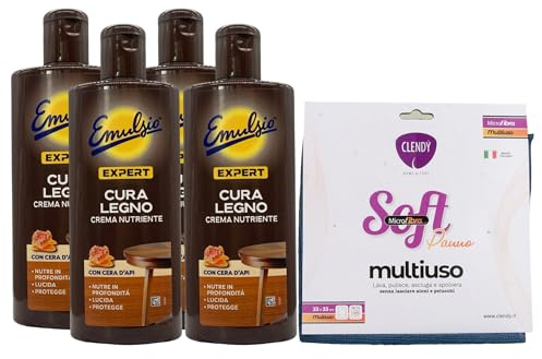 Crema Nutriente CURA LEGNO. Nutre In Profondità Con Cera D'Api. Nutre e Protegge Mobili In Legno 250ml (4 Unità + Panno In Microfibra SOFT, Formato 33x33)