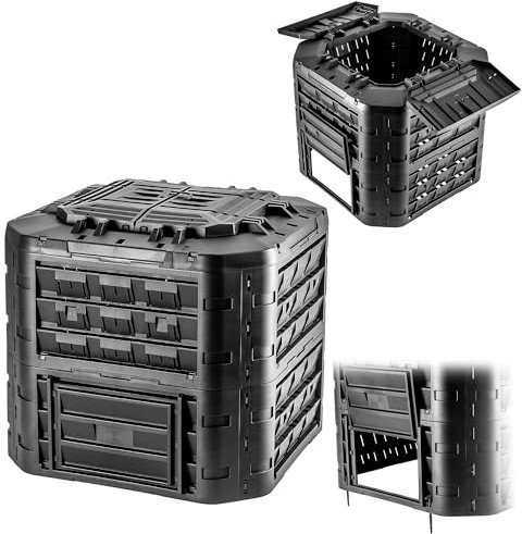 KADAX Compostador modular para residuos de jardín, compostador de plástico, contenedor de compostaje con ventilación y riego, contenedor de compostaje rápido (negro 650 L)