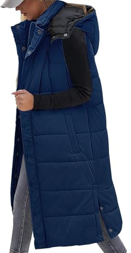 Vancavoo Chaleco Largo Mujer Invierno Chaleco Acolchado con Capucha Abrigo sin Mangas y Cremallera Abrigo de Cálidos on Bolsillos(Azul marino,S)