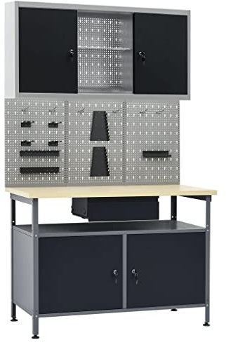 LAPOOH Arbetsbänk med 3 verktygsväggar och 1 väggskåp, arbetsbord, svetsbord, maskinställ, maskinbord, spännbord