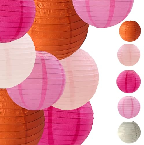 Capesaro Pink Orange Paper Lanterns Decorative 15pcs Party Hanging Decorations for Bachelorette Wedding Birthday Baby Shower Graduation Anniversary Themed Room Decor