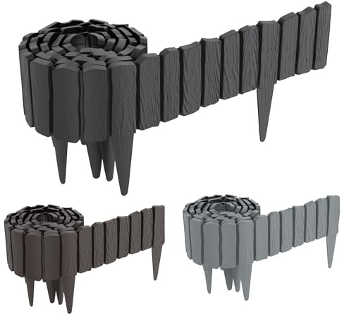 FIVMEN Borde de plástico para césped, 2,3 m, aspecto de madera, borde de arriate con 10 cm, grano de madera, imitación de borde cortacésped, valla de jardín para jardín, antracita