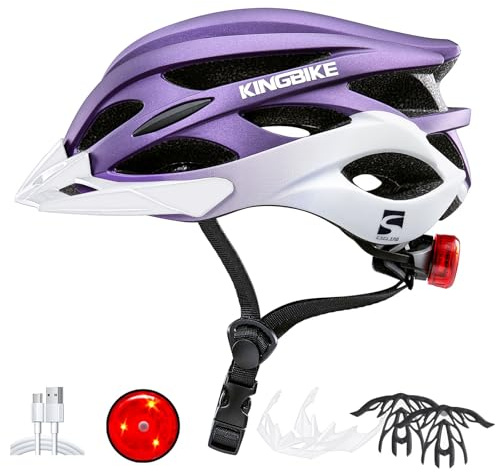 KINGBIKE Bike Helmet for Adult Men Women Youth Road Commute Mountain Cycling Helmets with USB Rechargeable Tail Light Replaceable Inner Pads and Visors Lightweight (PurpleWhite,M/L(20.4-22in)