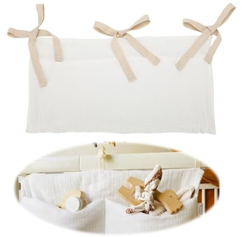 KOLZEMV Babybett Organizer, Kinderzimmer Hängender Bett Organizer mit 2 Taschen, Organizer Beistellbett Baby, Betttasche Spielzeugtasche, Aufbewahrungstaschen für Betten für Spielzeug（Weiß）
