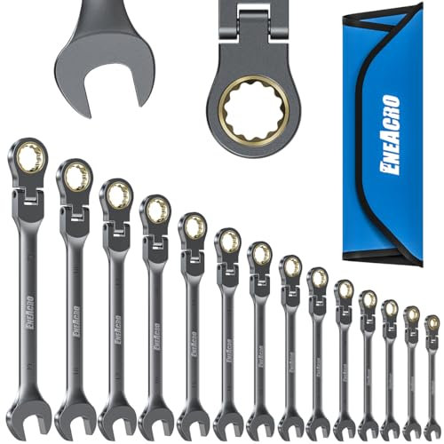 ENEACRO Juego de Llaves de Carraca Combinadas, Juego de Llaves Flexibles Antideslizantes de 14 Piezas, Métricas 6-19mm, 72 Dientes, Construidas en Cr-V, Niqueladas con Bolsa de Almacenaje