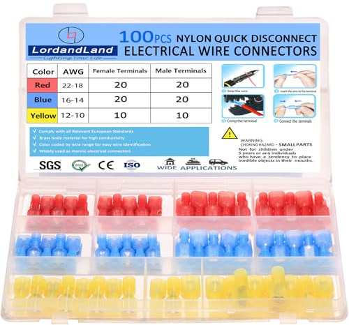 100PCS Nylon Spade Quick Disconnect Connectors Kit 22-10 AWG Male and Female Electrical Wire Connectors Kit Electrical Insulated Wire Crimp Cold-Pressed Terminals for Automotive,Electronics