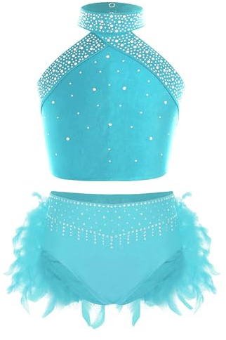 TiaoBug Abito da Pattinaggio Artistico Bambina Vestito da Balletto Ballo Latino Americano con Strass Crop Top Collo Halter Canotta + Gonna con Piume Body Danza Classica Blu Verde 11-12 Anni
