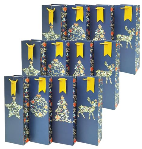 12 PCS Christmas Bottle Bag Wine Gift Bags Kraft Paper Champagne & Whiskey Gift Bags with Handles, For Spirits Xmas Party Decoration (green)