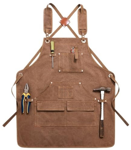 LSNNMU Tablier De Travail Tablier de Travail 2 pièces avec Poches à Outils, en Toile Unisexe Robuste, Bretelles croisées réglables dans Le Dos for Le Travail du Bois et la Peinture(Brown)