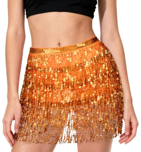 AYBUY Glitterkjol dam, paljetter tofskjol, paljett fransar minikjolar, magdans höfthalsduk, franskjol för karneval, halloween, maskerad och fest