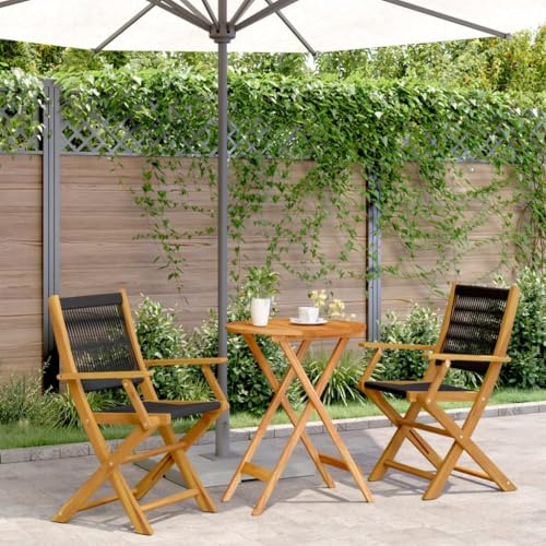 Mokuyary 3-delat bistro-set svart utomhus D | Polypropylen och massivt trä bord och 2 stolar sittgrupp, trädgårdsmöbler set utomhus möbelset för terrass, trädgård