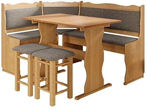 Mirjan24 Eckbankgruppe Miki, Erlenholz, Eckbank Gruppe besteht aus Kücheneckbank, 2X Hocker, Tisch, Farbauswahl, Esszimmer Sitzbank (Erle, Peru 10)