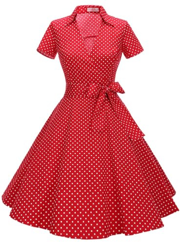 Timormode Robe Années 50's Audrey Hepburn Rockabilly Swing,Plissé Robe à Manches Courtes 10084Small Red White L