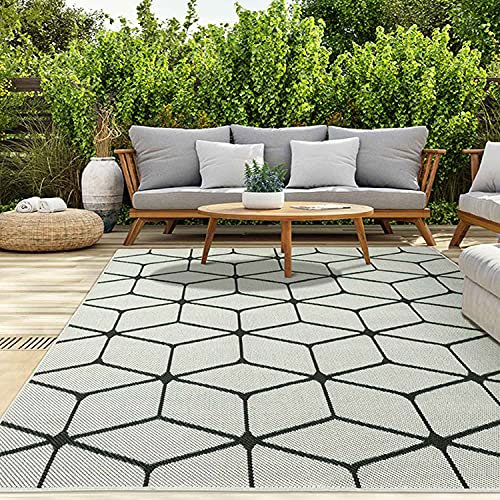 VIMODA Teppich Rauten Muster In- und Outdoor Tauglich Robuster Flachgewebe 100% Polypropylen Weiß, Maße:160x220 cm