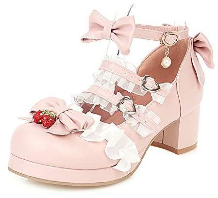 Scarpe Mary Jane con Tacco Alto da Donna Sweet Party Festive Lace Bow Pearl Strawberry Cute Dress Shoes