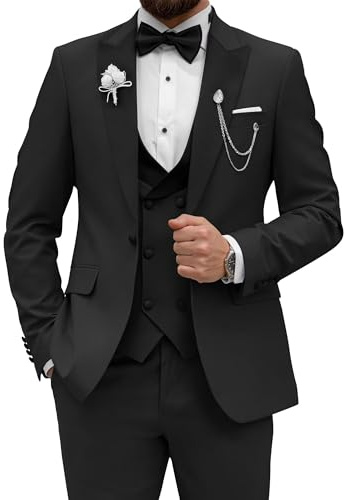 Wangyue Men's Tuxedo Suit 3 Piece Slim Fit Suit for Men Tuxedo for Men Wedding Party Dinner Prom, Black, S