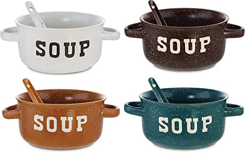 ZENVY Soup Bowl Set of 4 | Ceramic Soup Bowls and Spoons | 22 Ounce (Speckled)