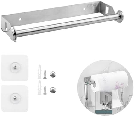 duisoad Portarotolo da Cucina in Acciaio Inossidabile, Autoadesivo Porta Carta da Cucina Portarotolo da Cucina Muro per Cucina, Bagno, Lavanderia, con Ganci su Entrambi i Lati, Argento