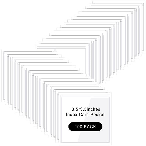 Glenmal 100 Pcs Self Adhesive Index Card Pockets Clear Label Holder Plastic Photo Sleeves Square Label Pockets Holder for Library Office Home Business Storage Bin (3.5 x 3.5 Inch)