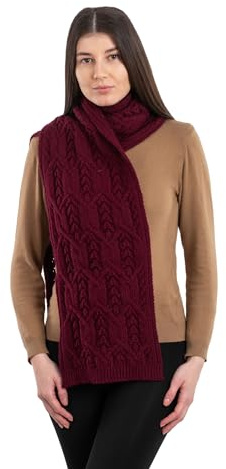 SAOL Aran Fisherman Leaf Scarf for Women, Irish Traditional Merino Wool Muffler Ladies Made in Ireland(Wine)