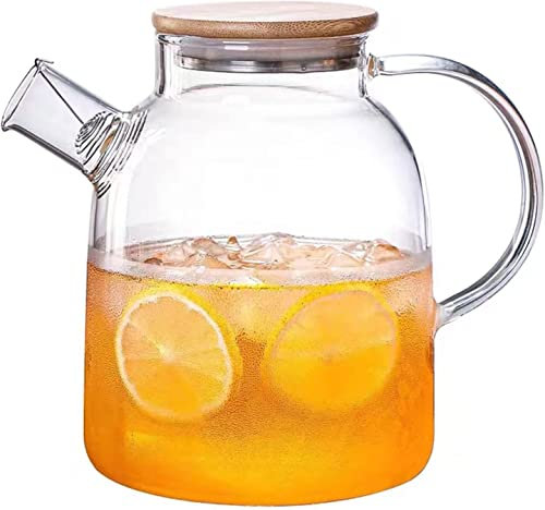 HwaGui Teiera in vetro borosilicato da 1,6 l con filtro in metallo, teiera in vetro borosilicato con coperchio in bambù, caraffa in vetro