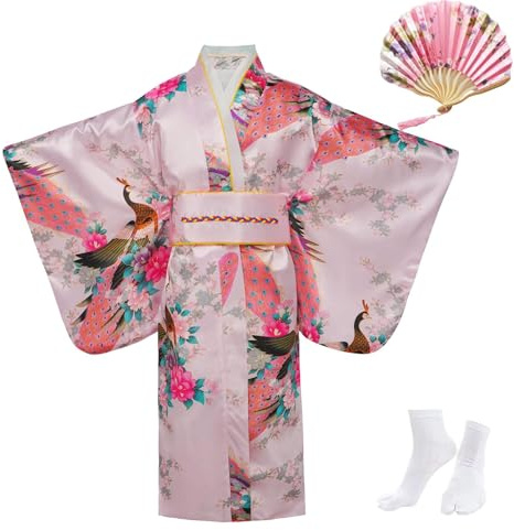 KRUIHAN Kimono para Niña Vestido para Niños Ropa Tradicional Bata de Tela de Seda Ropa de Boda Vestido de Fiesta,Conjunto de Disfraces de Cosplay con Abanicos Plegables y Calcetines Tabi,Rosa,150