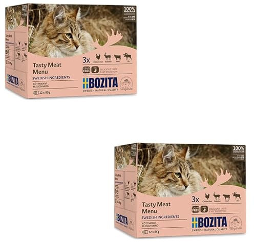Bozita Fleischmenü Multibox | Doppelpack | 2 x 12 x 85 g | Getreidefreies Nassfutter für Katzen | Häppchen in Gelee | Mit den Sorten Elch, Hühnchenleber, Rentier und Rind