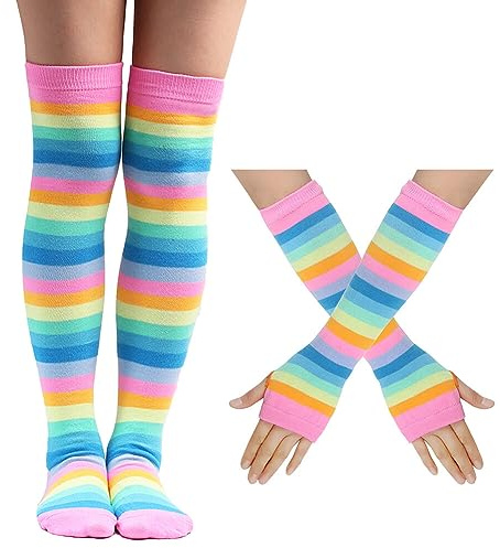 JAWSEU Femme Chaussettes Hautes Rayure Coloré Arc en Ciel Gants sans Doigts Ensemble Longues Cuisse Chaussettes de Genoux Longs Bras Manchette pour Femmes Filles Parti Cosplay Costume