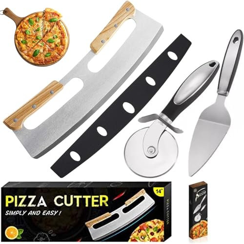 Tagliapizza, Taglia Pizza Acciaio Inox Professionale Tagliapizza a Mezzaluna con Doppio Manico in Legno Rotella Tagliapizza Pizza Coltelli da Pizza per Tagliare Pane, Verdure, Cioccolato