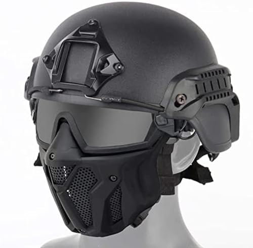Combinazione di Maschera Tattica Integrale con Occhiali E Casco Tattico Airsoft Paintball ACH per Giochi CS Airsoft Paintball,BK,30 * 19cm