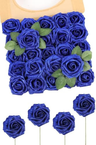 N&T NIETING Artificial Flowers Glitter Rose, 25pcs Fake Roses with Stems | Real Touch Faux foam Roses for Wedding Bouquets Party Office Baby Shower Home Christmas Decoration(Blue)
