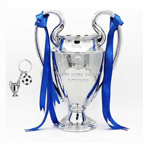 LNGODEHO Trofeo Europeo del Campione di Calcio, Replica in Resina della Coppa della Lega San Bernardo, Argento con Nastri Blu per la Squadra della Lega Sportiva (32 cm/13 pollici), LG202407061735
