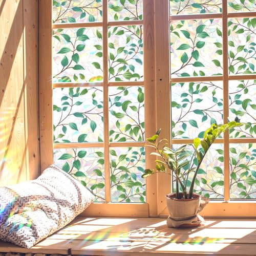 GORGECRAFT 39.4x16.9 Inch Rainbow Window Privacy Film Green Leaves Plant Static Glass Cling 3D Plastic Non-Adhesive Sun Blocking Glass Sticker Prism Stained Window Decals for Room Home