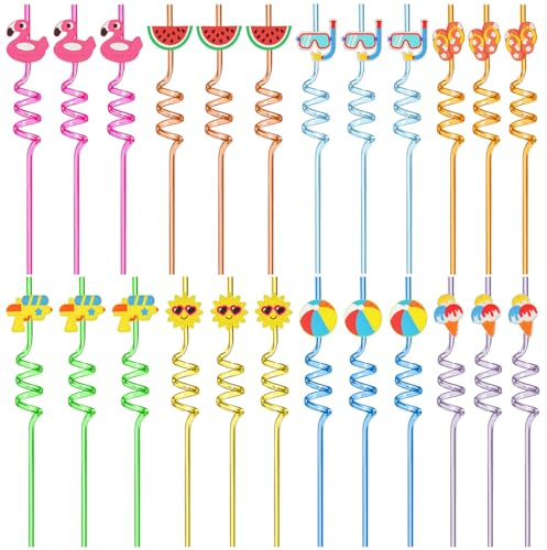 Paquete De 24 Pajitas Para Cóctel Decorativas De Dibujos Animados, Efecto Reutilizable y Curvas