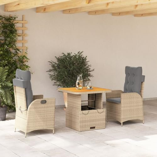 Gecheer 3-TLG. Garten Essgruppe 2 Personen, Polyrattan Sitzgruppe, Rattan Gartenmöbel Set, Rattan Lounge Möbel Outdoor, Terrassenmöbel Balkonmöbel Set, Gartengarnitur Sitzgarnitur, mit Kissen, Beige
