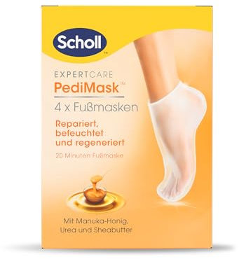 Scholl ExpertCare PediMask Fußmasken-Socken, 4er-Multipack – Weichere und Glattere Füße nach 1 Anwendung, Intensive Feuchtigkeit mit Manuka-Honig, Urea und Sheabutter – Trockene Füße Pflegen